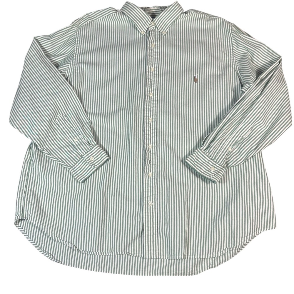 Ralph Lauren Button Down Shirt Mens 2XB Green White Striped Classic Fit Oxford - Picture 2 of 10